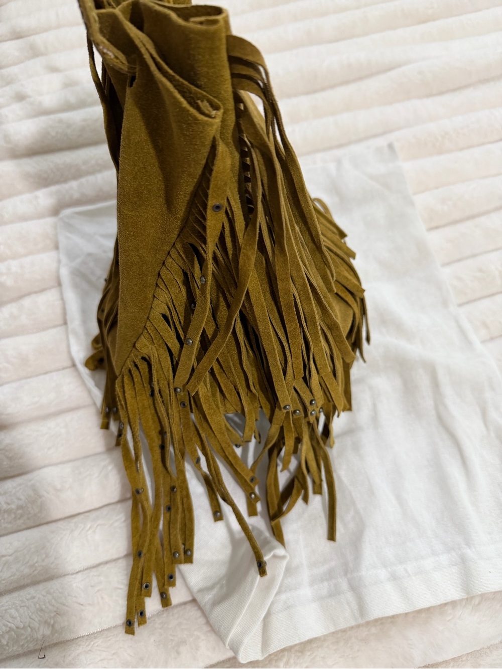 Olive Suede( genuine leather)Fringe Bucket Bag - Women - Picture 4 of 12